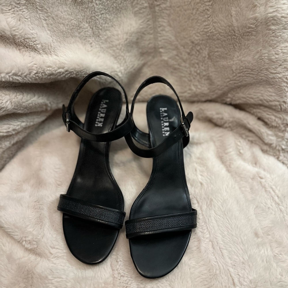 Ralph Lauren Black Heels with Ankle Straps and Textured Material